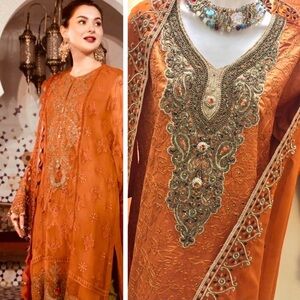 Rust Orange embroidered Long Sleeve V-Neck Dress! Party wear, festive L sz 40